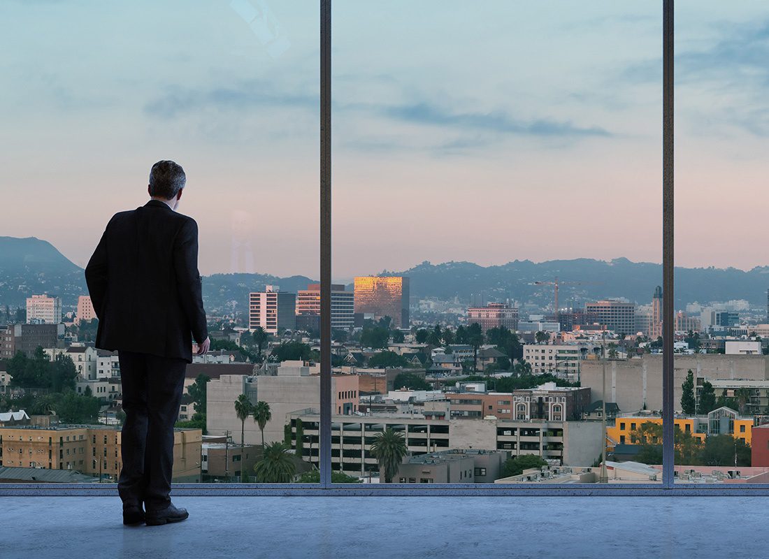 Insurance Solutions - Business Man Standing in an Office With a View of a City